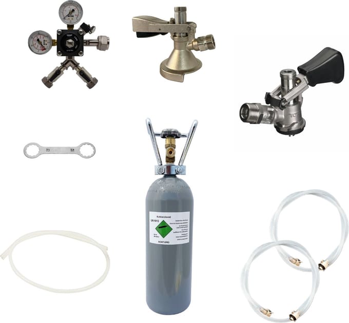 Accessoirepakket voor biertap 2-kraans - met Fustkoppeling Type A, Type D en CO2-fles 2kg