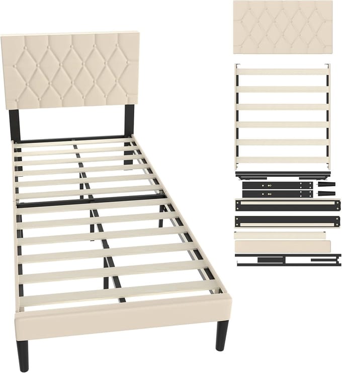 Gestoffeerd Bed - Platform Bed - Slaapkamer Inrichting - Moderne Knopen - 90 x 200 cm - Beige