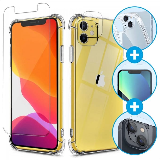iPhone 11 Hoesje Schokbestendig Transparant + 9H Tempered Glass Screen Protector + Camera Protector Transparant 3 in 1 Set