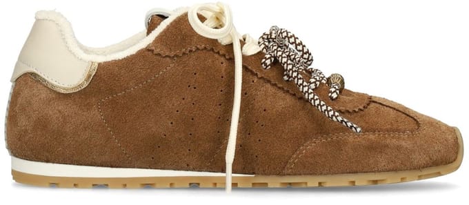 Manfield - Dames - Bruine suède sneakers met dubbele vetersluiting - Maat 36