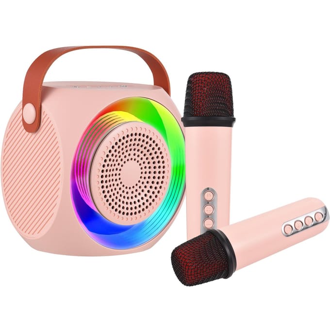 Mini Karaoke Machine Draadloze Microfoon en Speaker Set met 2 Microfoon LED Kleurenlicht Handheld roze