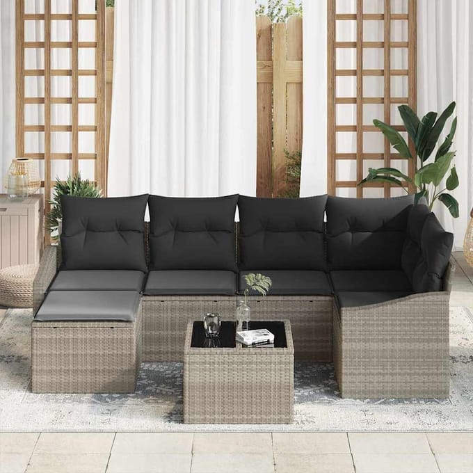vidaXL Tuin Eetset 7 st Lichtgrijs Poly Rattan en Poedergecoat Staal