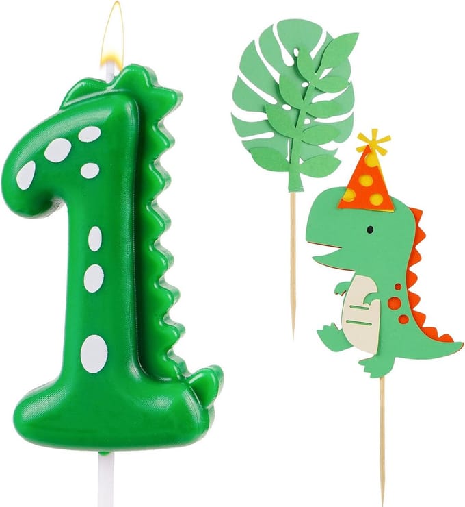 Dinosaurus Taartdecoratie: Kaars Cijfer 1 met 2 Extra Dinosaurus Toppers