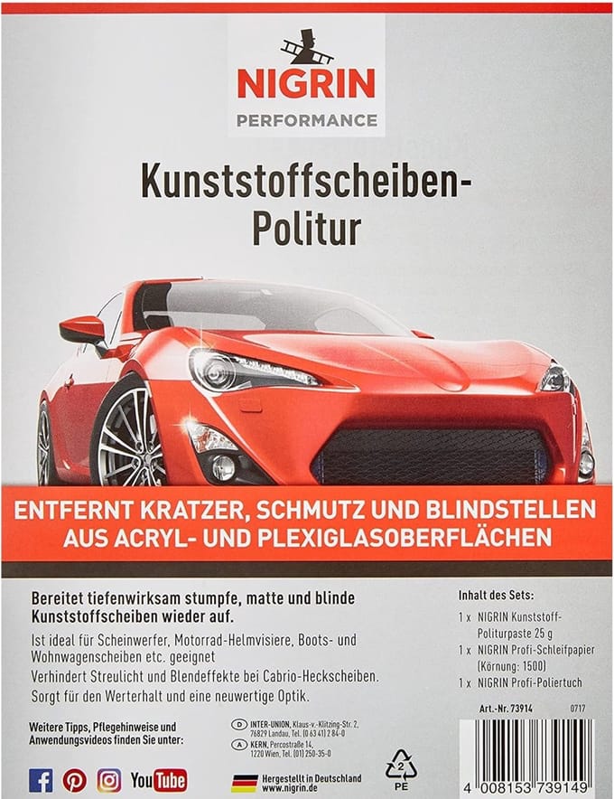 Nigrin Kunststof-Polijstset Ruitenpolish Acryl Plexiglas Cabrio Auto