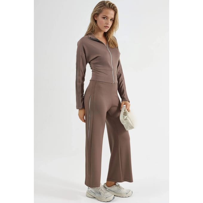 Modal Touch Hoge Taille Brede Pijp Twee-delige Set met Rits Kraag