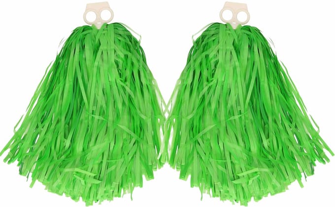 Cheerballs/pompoms - 2x - groen - met franjes en ring handgreep - 28 cm