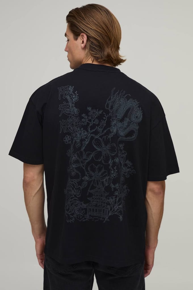 Zwart Oversized T-shirt Met Tonale Drakenprint | Black | Size 3XL