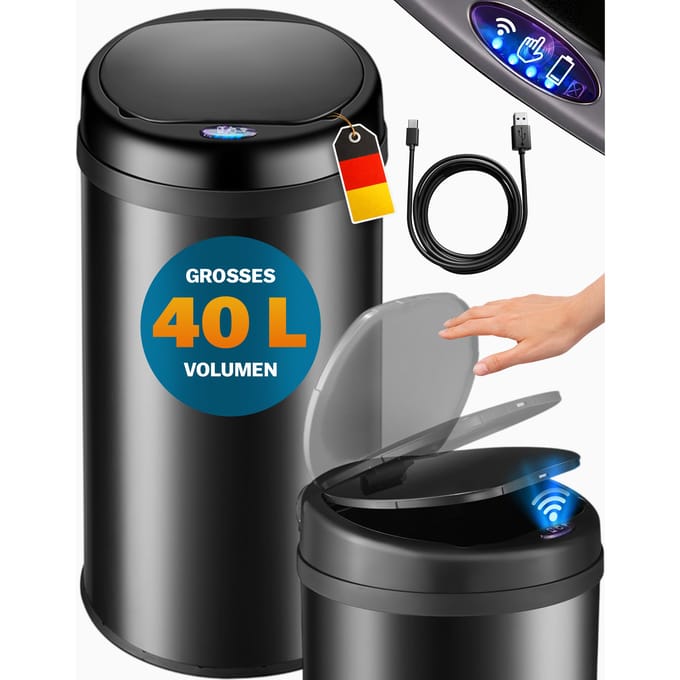 Monzana Prullenbak - Automatisch Rond 40L 30x69cm Display Sensor - Zwart