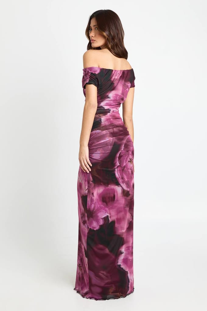 boohoo Dames Off-Shoulder Mesh Maxi Jurk | Burgundy | Maat: 8