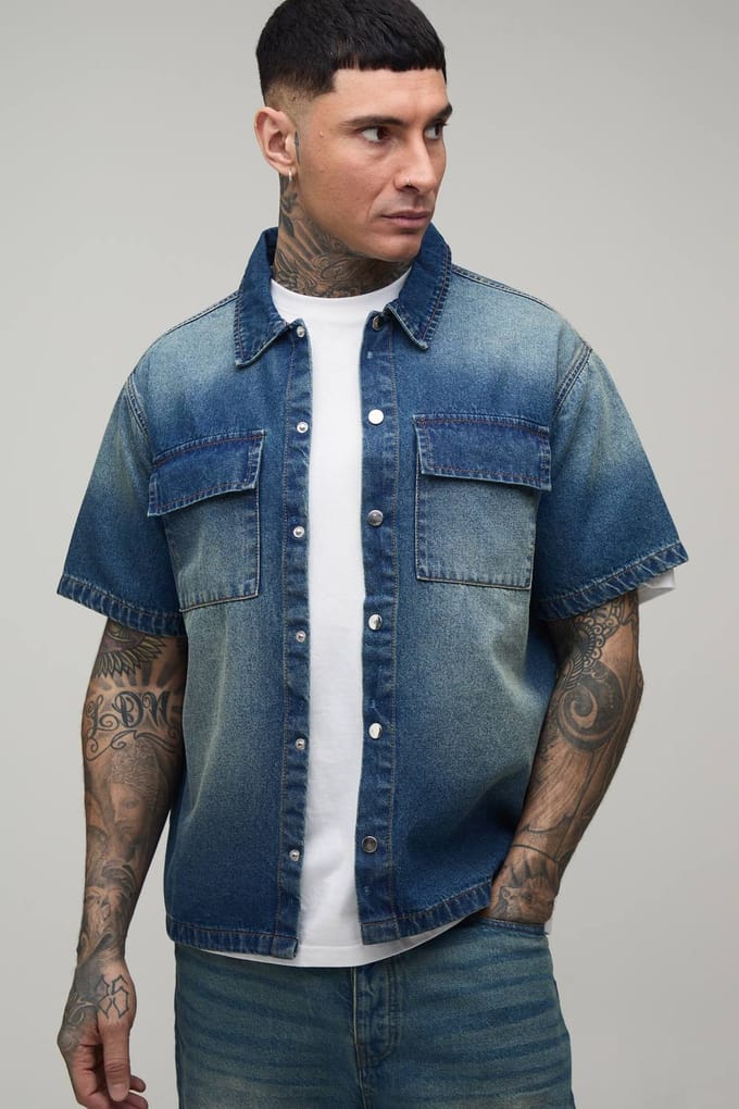 Lang Gewassen Oversized Boxy Denim Overhemd | Mid Wash | Size 2XL