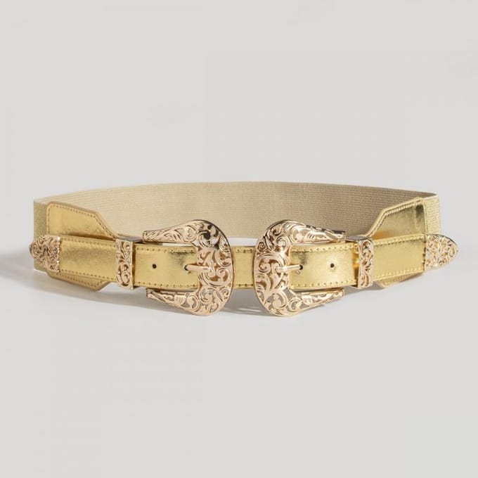 Retro Uitgesneden Hol Dubbele Gesp Brede Elastische Taille Riem Dames Mode Accessoire Veelzijdige Riem Taille Afsluiting 115CM beige