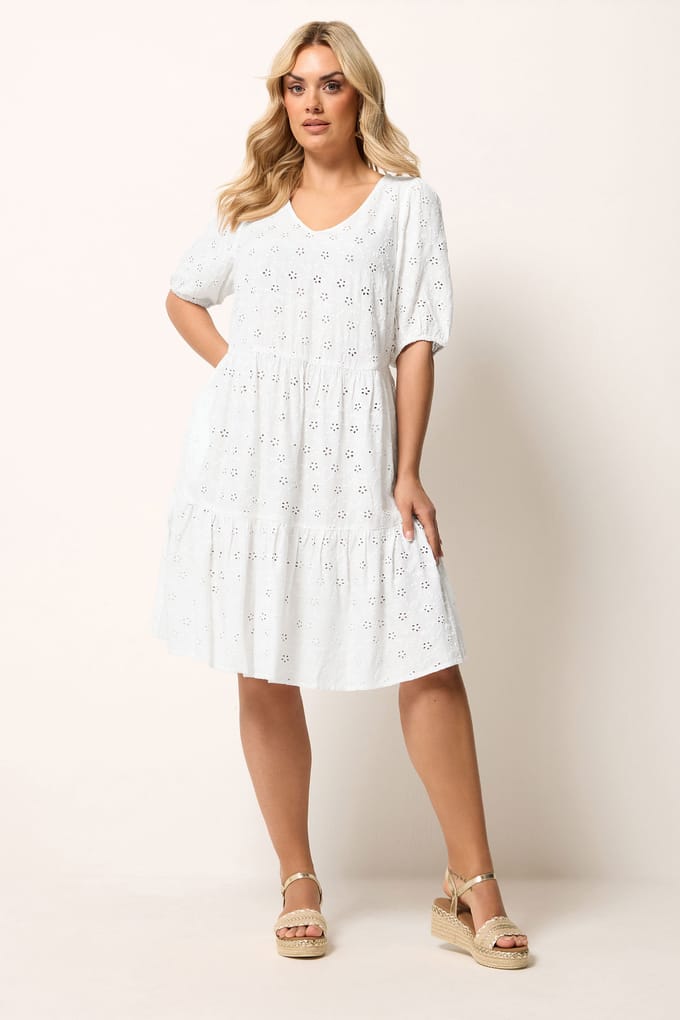 Yours Witte Gelaagde Jurk Met Broderie Anglaise Size 50-52