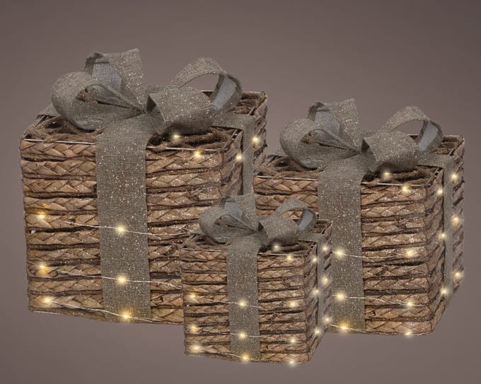 Cadeauset met jute en LED-verlichting – 3 stuks met timer, 30 cm hoog