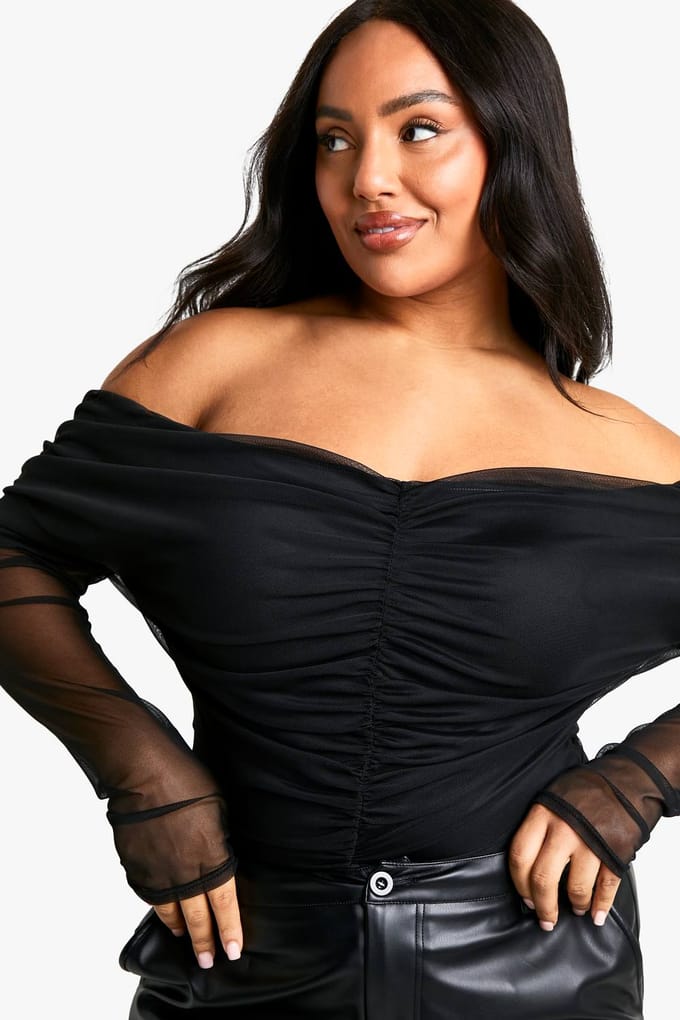 boohoo Dames Plus Gerimpelde Voorkant Bardot Lange Mouw Top | Black | Maat: 16