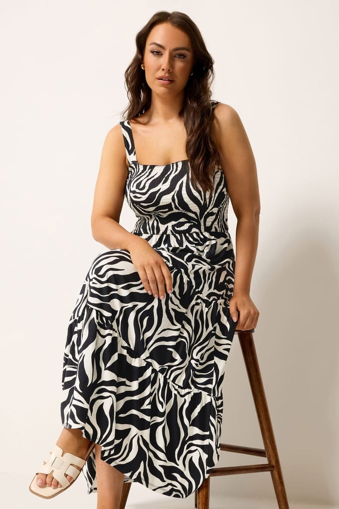 Yours Zwarte Midijurk Met Zebraprint En Smockwerk Size 46