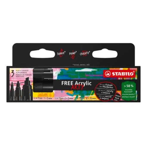 STABILO FREE - Acryl Marker - Mixed Tip Set - Zwart - 3 Verschillende Tip Sizes