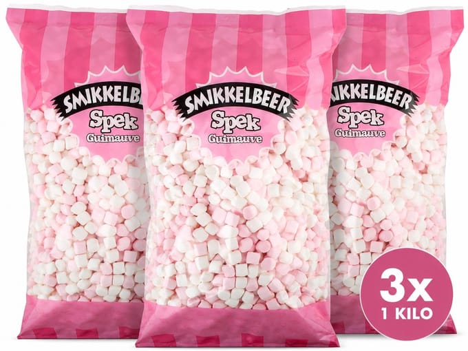 Smikkelbeer - Minimallows – Mini Marshmallows – 3x1 Kilo – Wit & Roze Spekjes