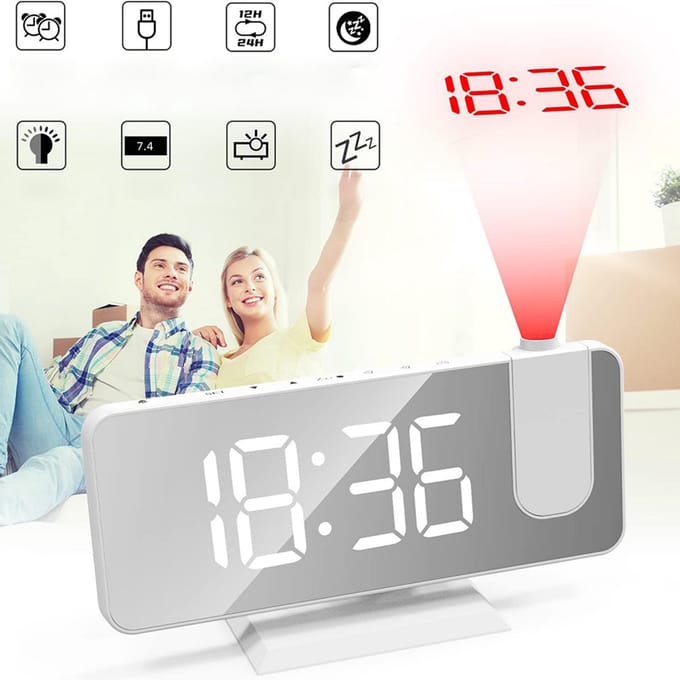 MIVRAY Projectieklokken – Projectie Alarmklok Met Groot Display, Instelbare Projector En Tijdweergave – ABS – Wit