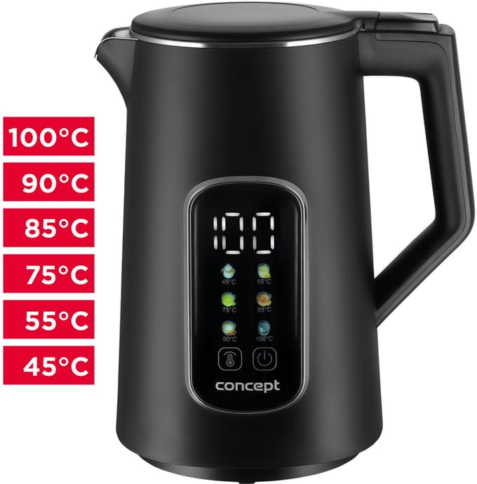 Concept RK3385 - Waterkoker 1,7L - Temperatuurregeling - LED-scherm - Cool touch-oppervlak - Waterpeilindicator - Zwart