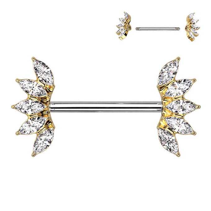 Tepelpiercing 5 Marquise Crystals Fan Ends 1.6x14 - goud - LMPiercings