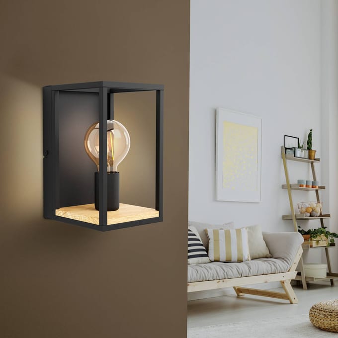 EGLO Wandlamp Libertad, breedte 14 cm, zwart/hout, staal