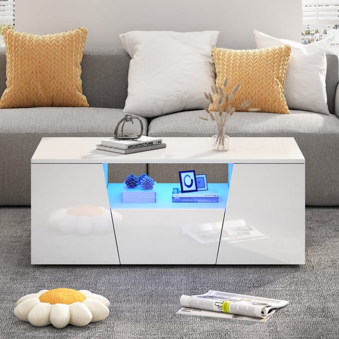 REDOM Salontafel 100 x 50 x 40 cm van spanplaat, hoogglans wit met LED-verlichting en onregelmatig design