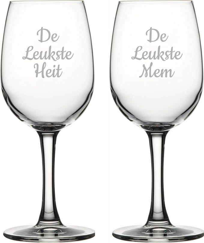 Gegraveerde witte wijnglas 26cl De Leukste Mem-De Leukste Heit