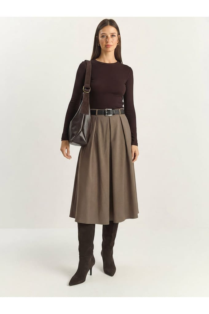 Hoge Taille Midi Rok met Ceintuur