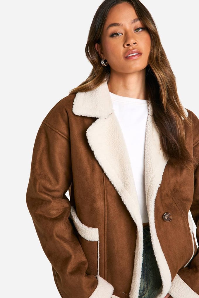 boohoo Dames Lange borg-gevoerde nepsuede jas | Brown | Maat: 6