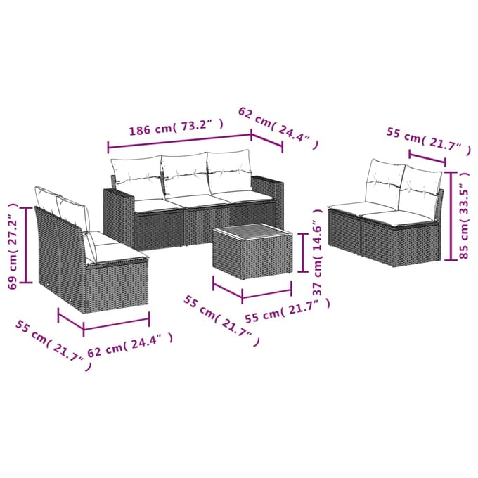 vidaXL - 8-delige - Loungeset - met - kussens - poly - rattan - beige