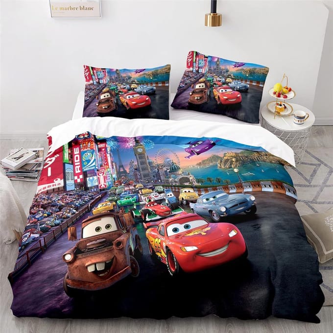 Auto's Bliksem McQueen 3D Kinderbeddengoed Set 3-delige Set 1 Dekbedovertrek 100% Polyester Woondecoratie Cartoon EU Single(135*200cm)3pcs