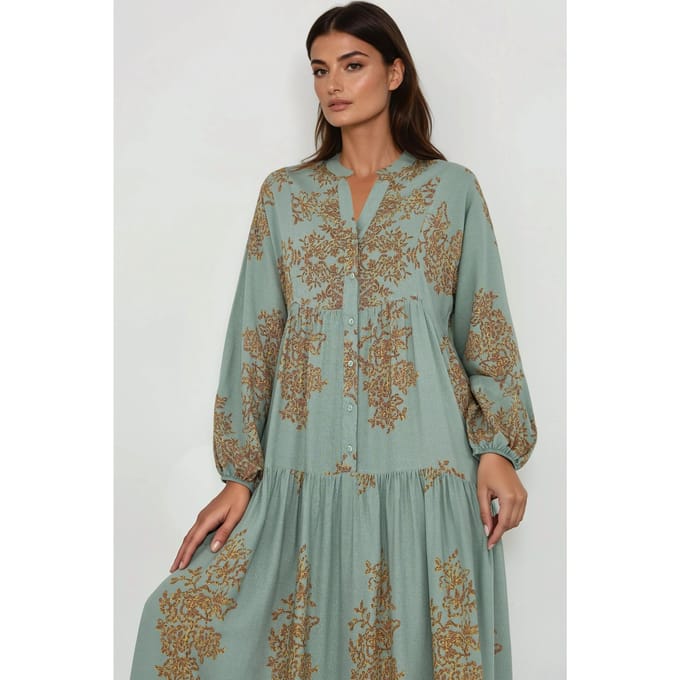 Geprinte Viscose Maxi-jurk met Hemd-kraag