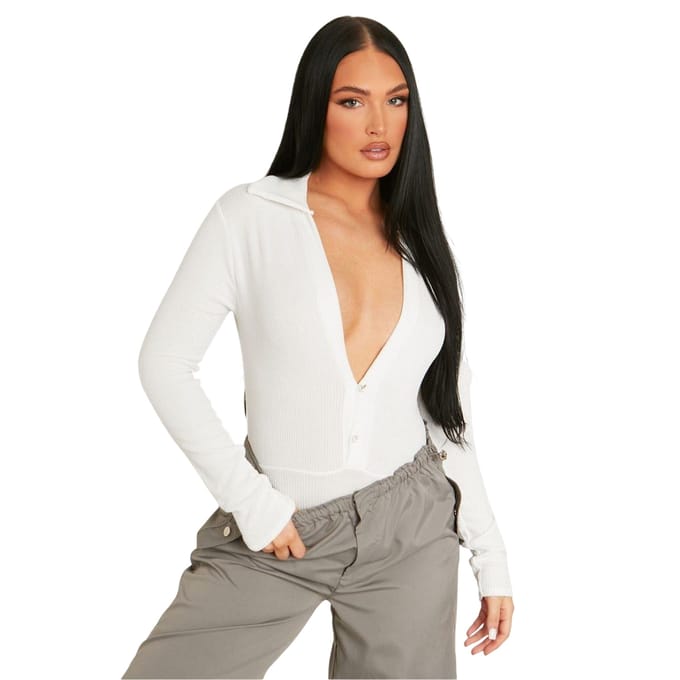 Missy Empire Dames/Dames geribbelde body met lange mouwen (Crème)