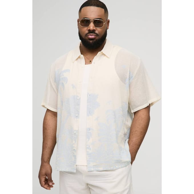 Plus Oversized Gehaakt Palmboom Jacquard Overhemd | Light Blue | Size 2XL