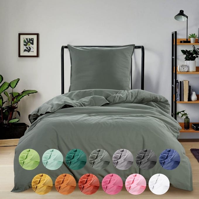 Dailygoods - Beddengoed Renforce Stone Washed 135x200 - Katoen Linnenlook Groen
