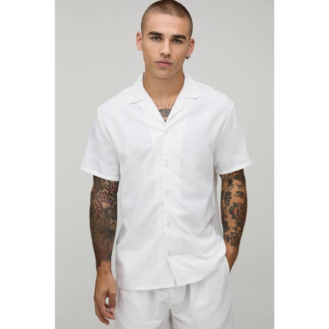 Regular Fit Linnen Blend Overhemd Met Korte Mouwen | White | Size 3XL