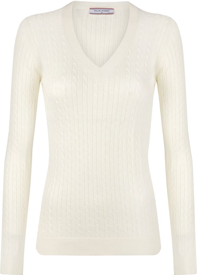Felix Hardy Kabelgebreide Trui Met V-Hals - 100% Katoen Dames Ecru - M