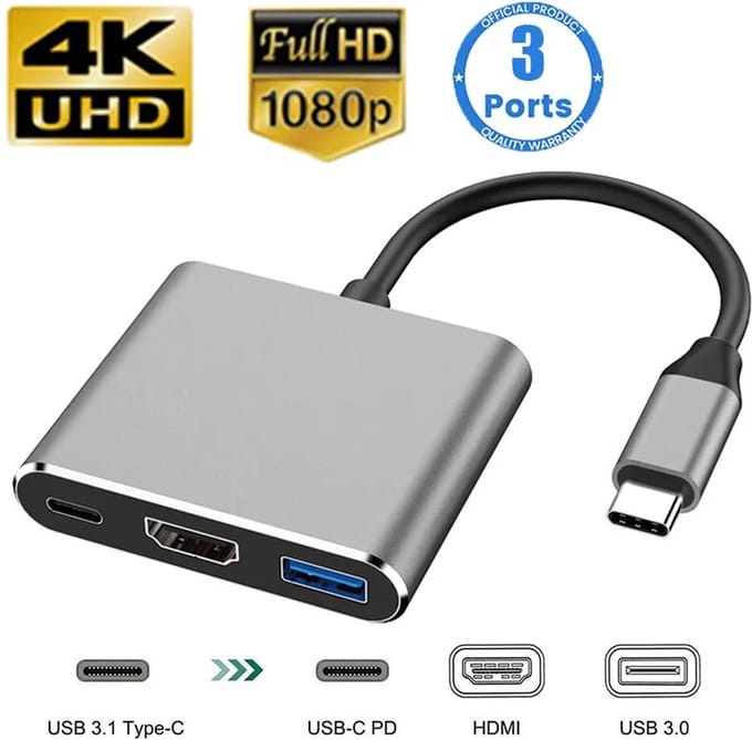 NÖRDIC DOCK-110, 3 in 1 USB-C naar HDMI 4K 30Hz, USBC 60W PD, USB 3.1, Space Grey