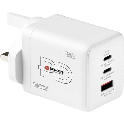 Skross Power Charger Combo+ 100W UK USB-oplader 100 W 2x USB-C, 1x USB-A USB PD Wit Binnen USB Power Delivery (USB-PD), GaN