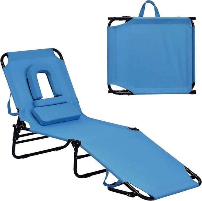 Opvouwbare Verstelbare Strandstoel Loungefauteuil met Gezichtsuitsparing