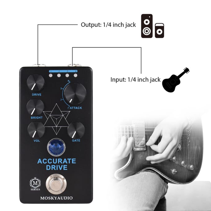 MOSKYaudio ACCURATE DRIVE Gitaar Drive Bas Effecten Pedaal Volume/Helderheid/Drive/Gate/Attack-4 Modi DC zwart