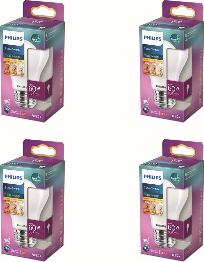 Philips Voordeelverpakking - E27 - SceneSwitch - LED Standaardlamp - Mat - 60W - Dimbaar - Warmwit Licht - Set van 4 Stuks