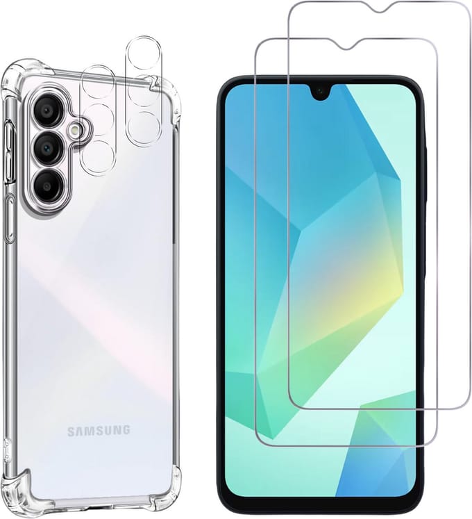 Hoesje geschikt voor Samsung Galaxy A16 backcover Shockproof siliconen Transparant + 2 stuks Screenprotector Gehard Glas + 2 stuks Camera Protector