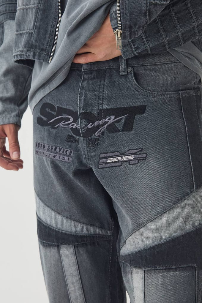 Straight Leg Moto Applique Jeans | Grey | Size 48R