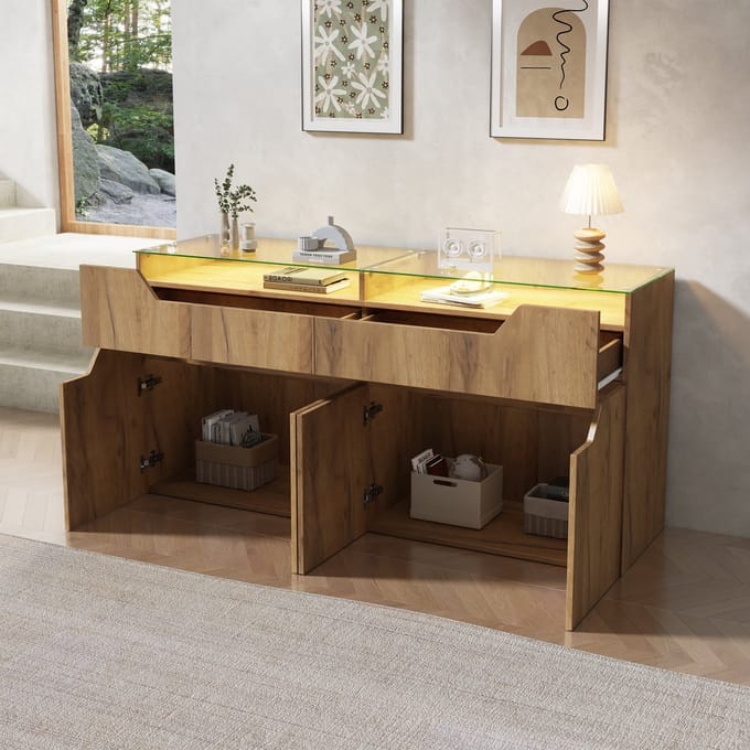 Clruro Dressoir - 140 x 40 x 70 cm - met LED en app-bediening - MDF + Gehard glas - Naturel