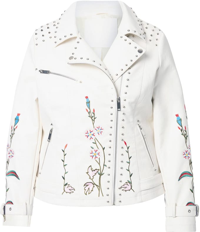 MIAMODA - Dames - Bikerjas leren look borduursels en sierstuds - Off-white - Maat 48