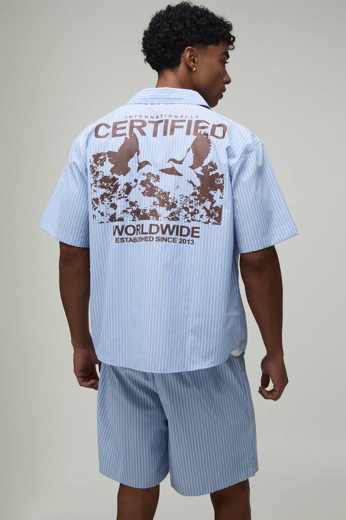 Gecertificeerde Wereldwijde Popeline Gestreepte Oversized Shirt & Short Set | Blue | Size Medium
