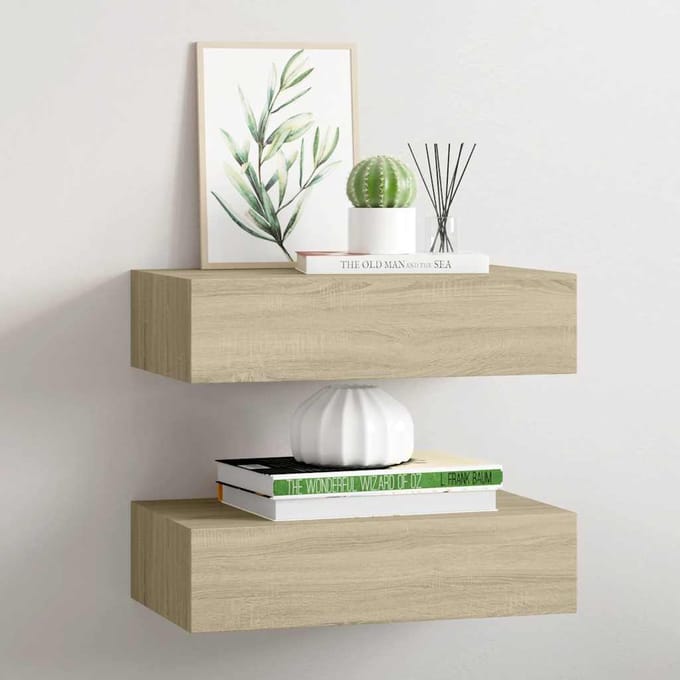 vidaXL - Wandschappen - 2 - st - met - lade - 40x23,5x10 - cm - MDF - eikenkleurig