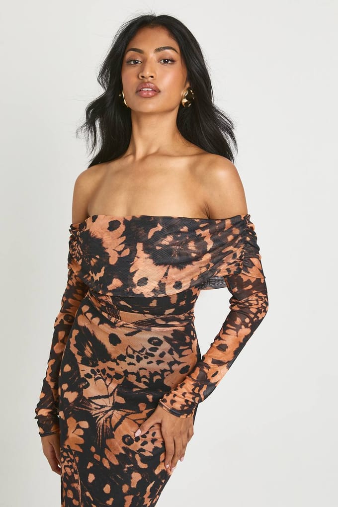 boohoo Dames Abstracte Bedrukte Bardot Maxi Jurk | Brown | Maat: 8