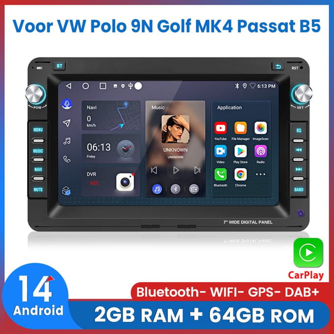 Awesafe Android 15 Autoradio - Geschikt Voor VW Polo 9N Golf MK4 Passat B5 - 2GB+64GB - Draadloos Carplay Android Auto - GPS RDS Bluetooth - Navigatie